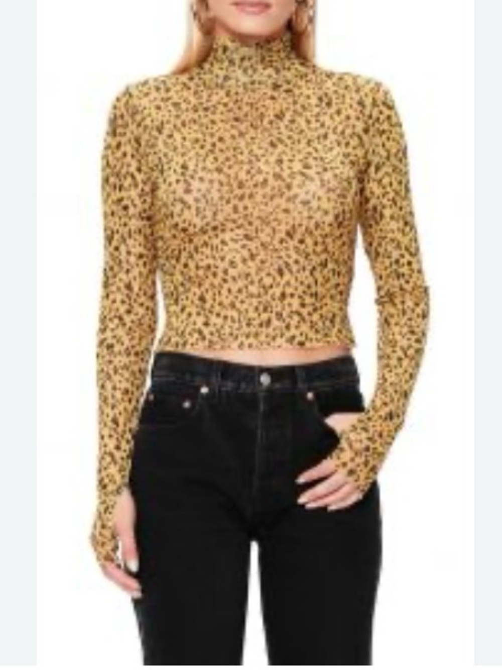 AFRM Sheer Leopard Print Long-Sleeve Light Weight Mock Neck Crop Top - Yellow